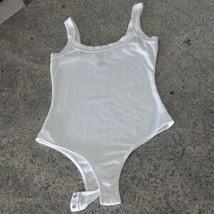 Aqua White Ribbed Scoop-Neck Bodysuit